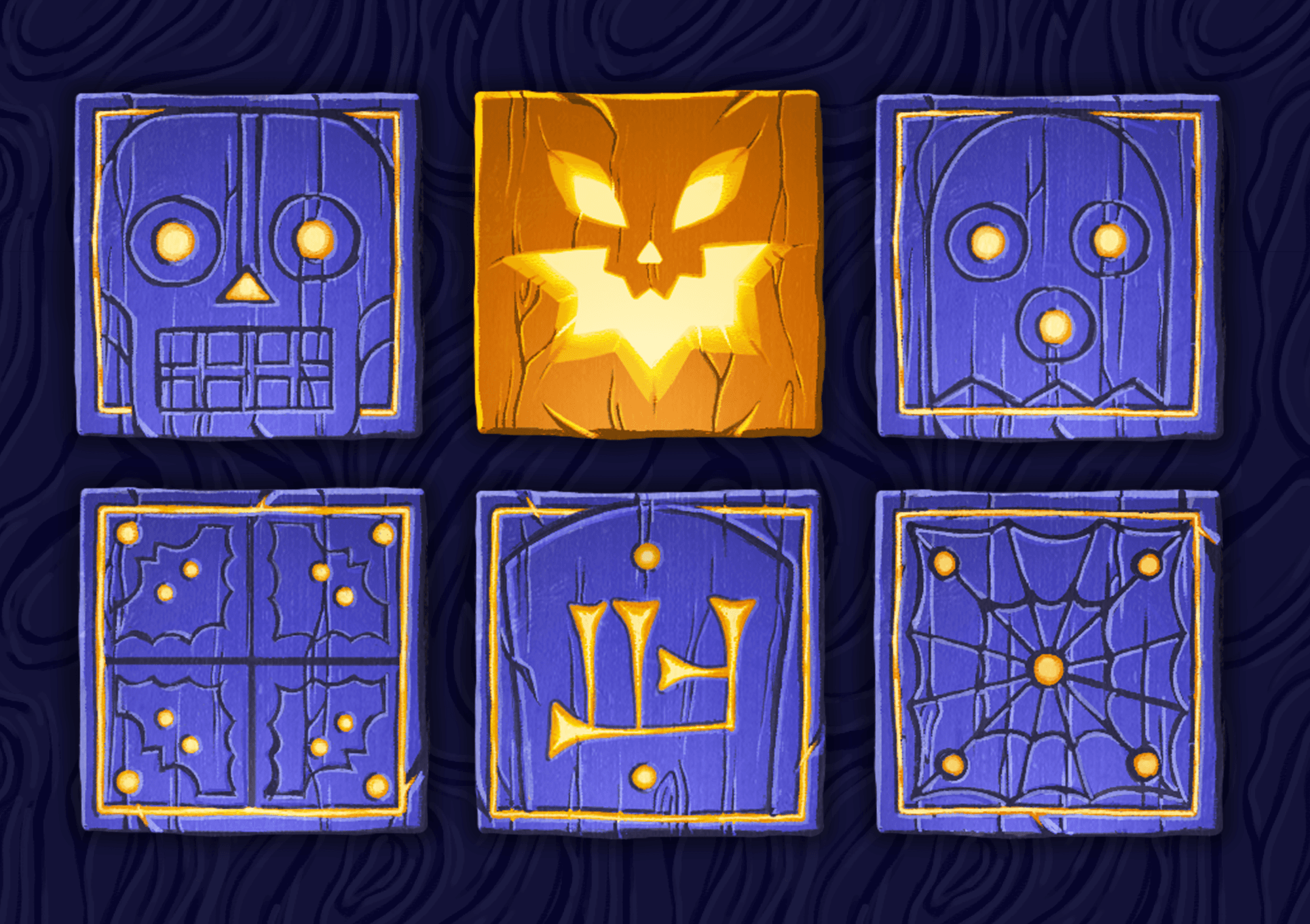 The final glowing board tiles for the Royal Game of Ur by Alcoth! First row: skull, jack-o-lantern, ghost. Second row: bats, cuneiform, cobwebs.