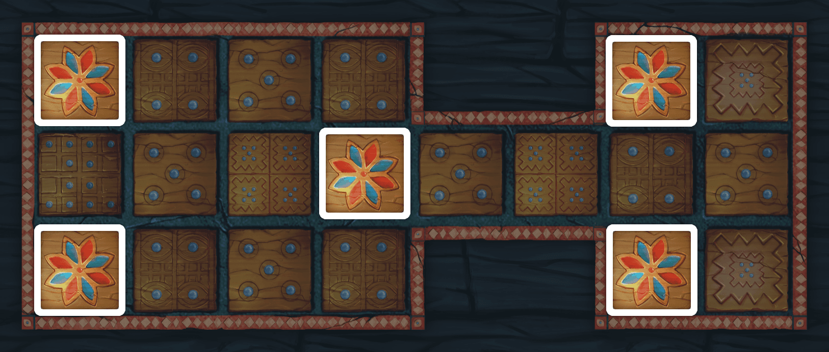 A photo of a game board with the rosette tiles highlighted.